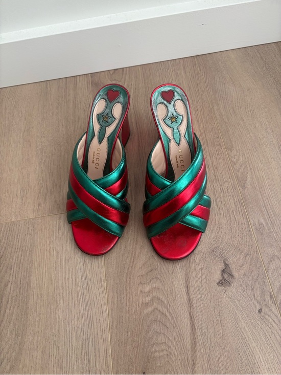 Gucci Shoes - Gucci Metallic Red and Emerald Green Crisscross Slide Sandals